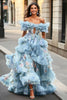 Laden Sie das Bild in den Galerie-Viewer, Blau Schulterfreies A Linie Ballkleid mit Rüschen