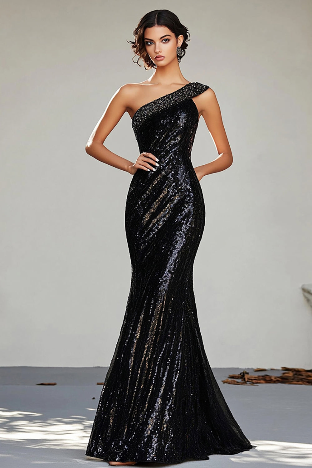 Glitzer Schwarzes Eine Schulter Meerjungfrau Ballkleid