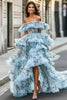 Laden Sie das Bild in den Galerie-Viewer, Blau Schulterfreies A Linie Ballkleid mit Rüschen Blumenmuster