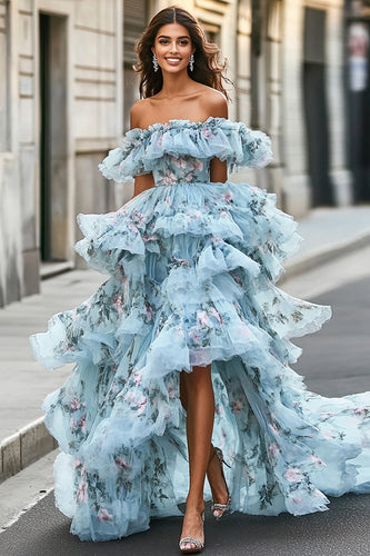 Blau Schulterfreies A Linie Ballkleid mit Rüschen Blumenmuster