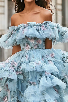 Blau Schulterfreies A Linie Ballkleid mit Rüschen Blumenmuster