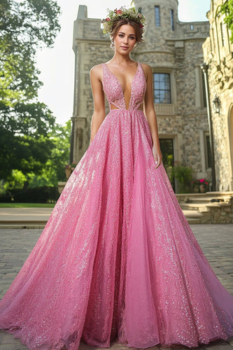 Glitzer Fuchsia A Linie Tiefem V-Ausschnitt Ballkleid mit Spitze