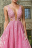 Laden Sie das Bild in den Galerie-Viewer, Glitzer Fuchsia A Linie Tiefem V-Ausschnitt Ballkleid mit Spitze