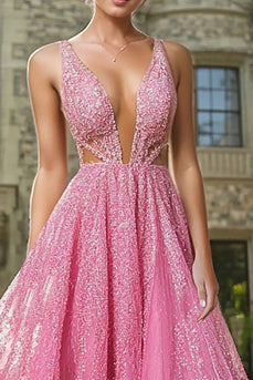 Glitzer Fuchsia A Linie Tiefem V-Ausschnitt Ballkleid mit Spitze