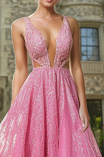 Glitzer Fuchsia A Linie Tiefem V-Ausschnitt Ballkleid mit Spitze