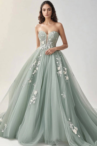 Grünes A Linie Tüll Herzhals Ballkleid mit Spitze