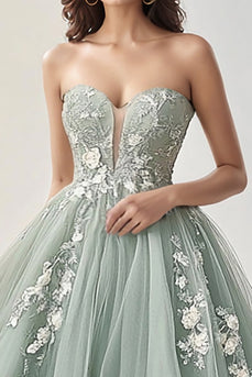 Grünes A Linie Tüll Herzhals Ballkleid mit Spitze