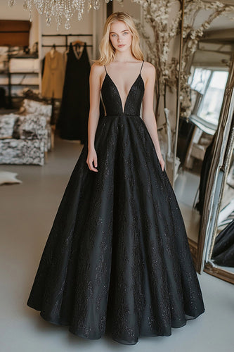 Schickes Schwarzes A Linie Spaghettiträgern Ballkleid mit Spitze