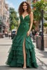 Laden Sie das Bild in den Galerie-Viewer, Dunkelgrünes Gerüschtes Organza Spitzen Ballkleid mit Schlitz