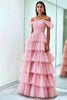 Laden Sie das Bild in den Galerie-Viewer, Rosa Schulterfreies Gerafftes Ballkleid mit Rüschen