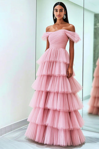 Rosa Schulterfreies Gerafftes Ballkleid mit Rüschen