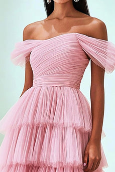 Rosa Schulterfreies Gerafftes Ballkleid mit Rüschen