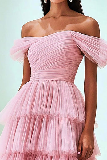 Rosa Schulterfreies Gerafftes Ballkleid mit Rüschen