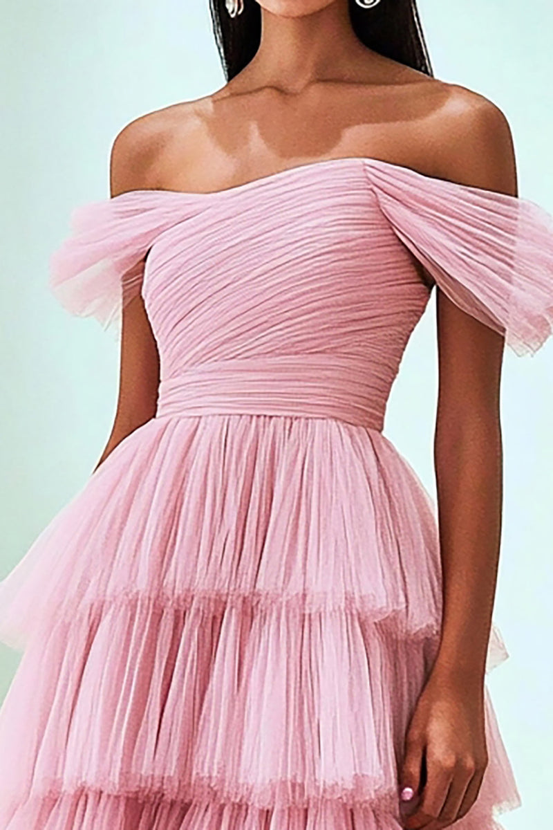 Laden Sie das Bild in den Galerie-Viewer, Rosa Schulterfreies Gerafftes Ballkleid mit Rüschen