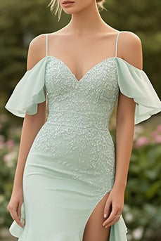 Mint Schulterfreies Rüschen Ballkleid mit Spitze