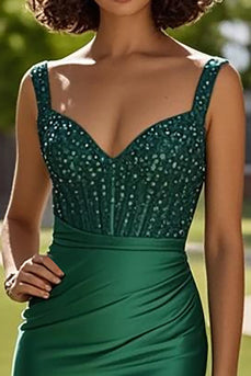 Glitzer Dunkelgrünes Korsett Perlen Langes Ballkleid mit Schlitz