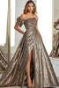 Laden Sie das Bild in den Galerie-Viewer, A Linie Metallic Gold Eine Schulter Langes Ballkleid mit Schlitz
