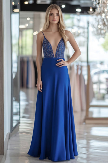 Königsblau Korsett Tiefem V-Ausschnitt Ballkleid mit Perlen