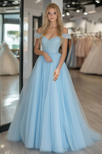 Himmelblau A Linie Schulterfreies Tüll Bodenlanges Ballkleid