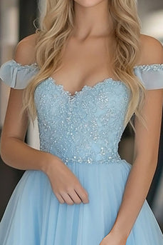 Himmelblau A Linie Schulterfreies Tüll Bodenlanges Ballkleid