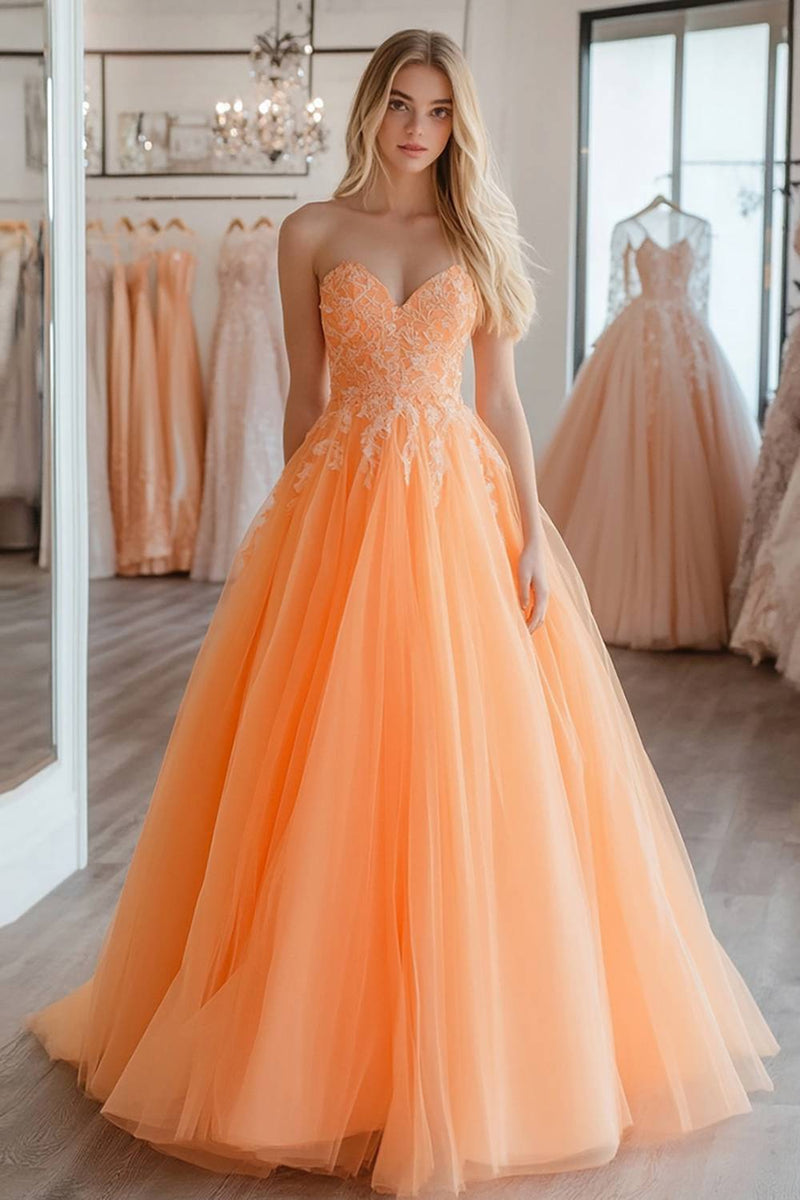 Laden Sie das Bild in den Galerie-Viewer, A Linie Orange Herzhals Langes Ballkleid mit Spitze Applikationen