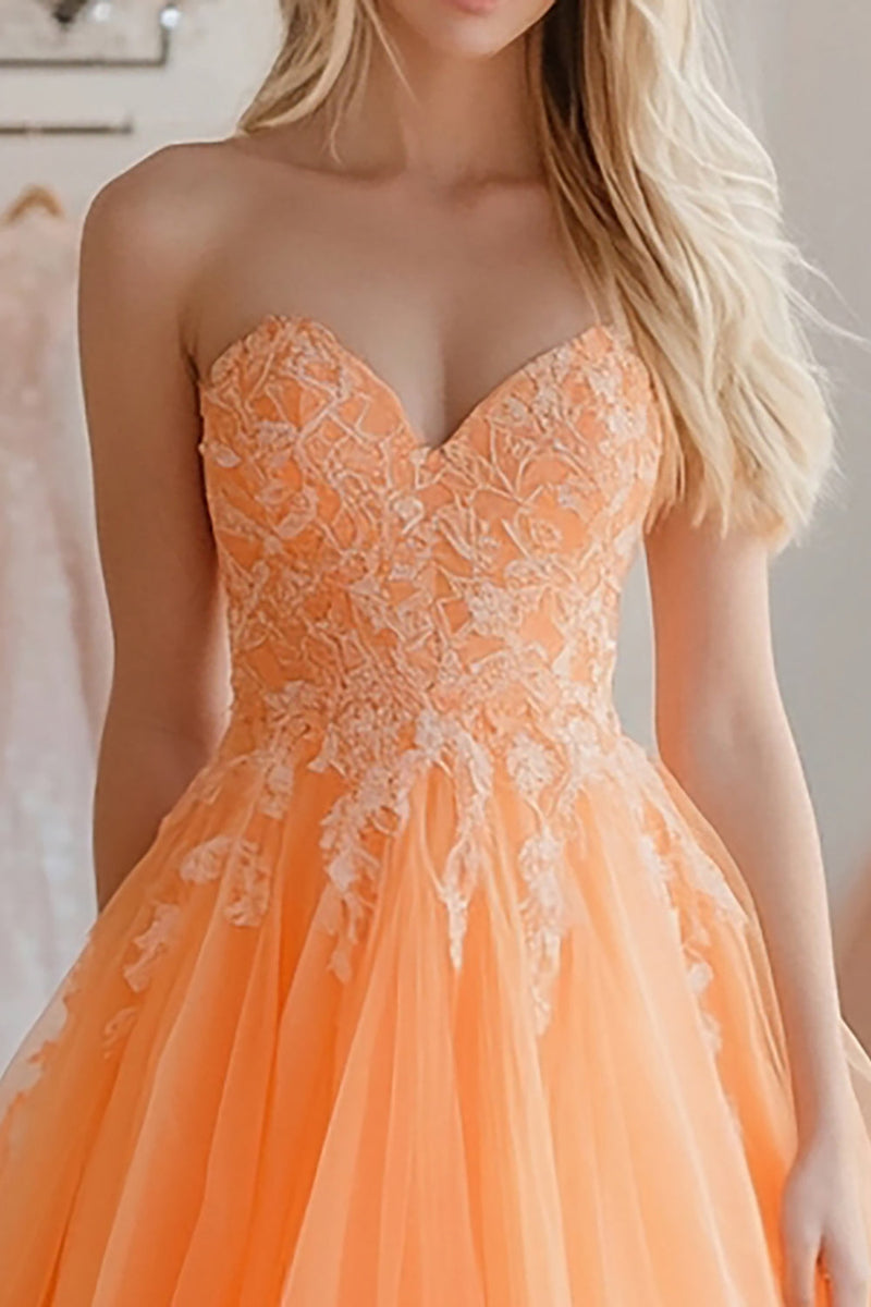 Laden Sie das Bild in den Galerie-Viewer, A Linie Orange Herzhals Langes Ballkleid mit Spitze Applikationen