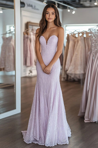 Flieder Spitzen Etui Korsett Trägerloses Langes Ballkleid