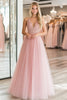 Laden Sie das Bild in den Galerie-Viewer, Glitzer Rosa Tüll A Linie V-Ausschnitt Bodenlanges Ballkleid