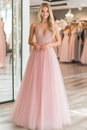 Glitzer Rosa Tüll A Linie V-Ausschnitt Bodenlanges Ballkleid