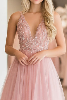 Glitzer Rosa Tüll A Linie V-Ausschnitt Bodenlanges Ballkleid