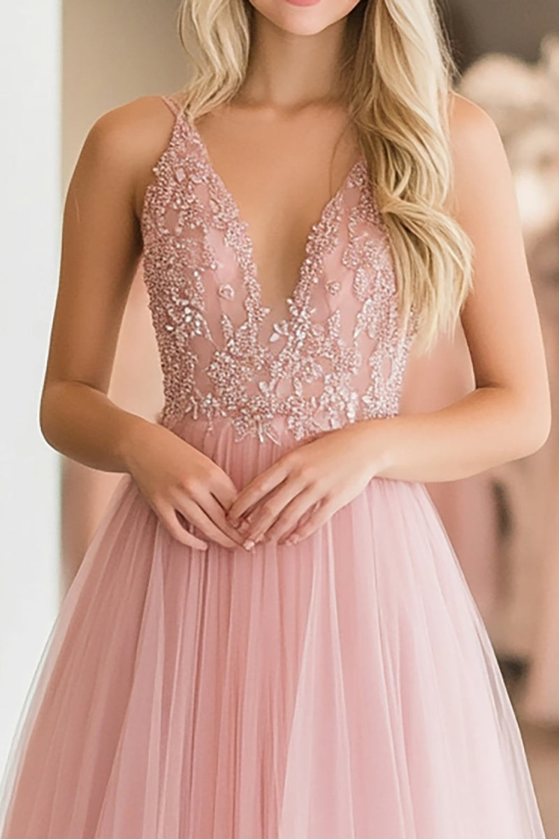 Laden Sie das Bild in den Galerie-Viewer, Glitzer Rosa Tüll A Linie V-Ausschnitt Bodenlanges Ballkleid