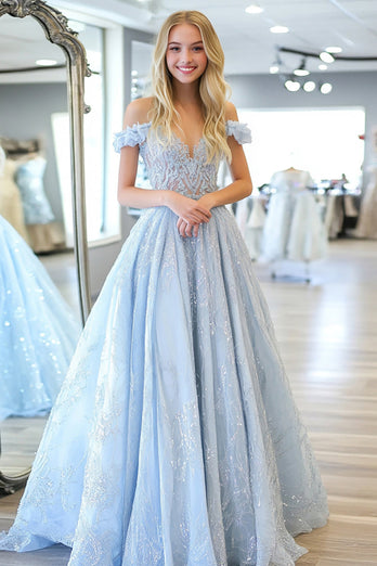 Glitzer Himmelblau Herzhals A Linie Langes Ballkleid