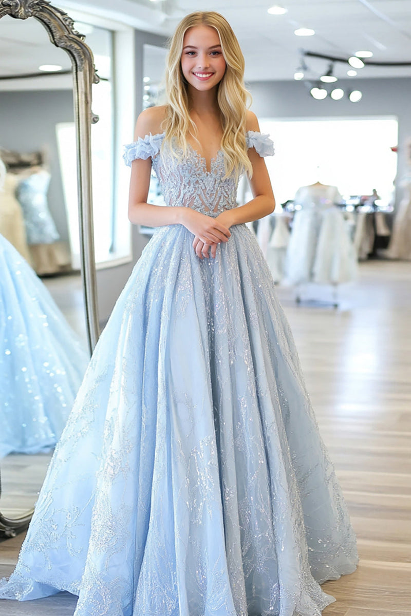 Laden Sie das Bild in den Galerie-Viewer, Glitzer Himmelblau Herzhals A Linie Langes Ballkleid