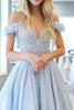 Laden Sie das Bild in den Galerie-Viewer, Glitzer Himmelblau Herzhals A Linie Langes Ballkleid