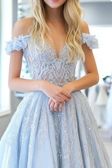 Glitzer Himmelblau Herzhals A Linie Langes Ballkleid