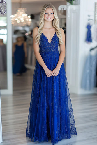 Königsblau A Linie V-Ausschnitt Bodenlanges Ballkleid mit Spitze