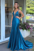 Laden Sie das Bild in den Galerie-Viewer, PfauenBlau Satin V-Ausschnitt Meerjungfrau Langes Ballkleid
