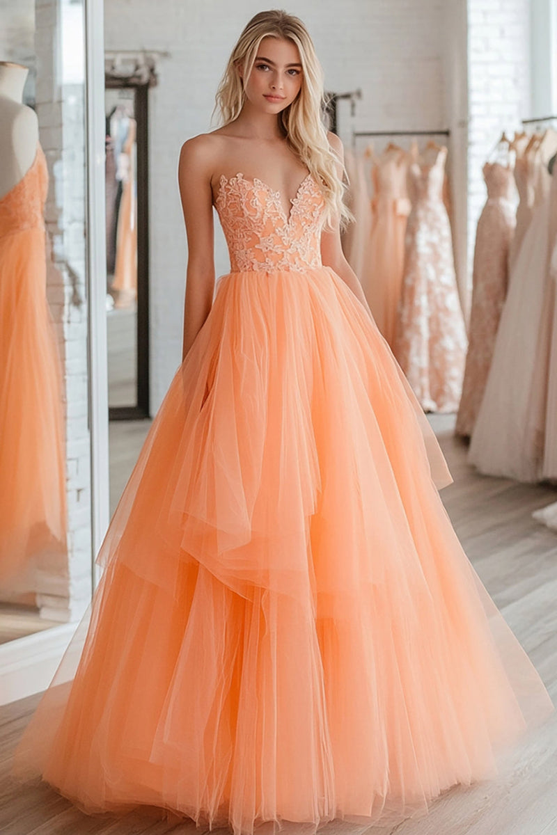 Laden Sie das Bild in den Galerie-Viewer, Orange Tüll Gestuftes Langes Ballkleid mit Spitze