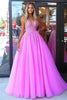 Laden Sie das Bild in den Galerie-Viewer, Fuchsia Korsett A Linie V-Ausschnitt Langes Ballkleid