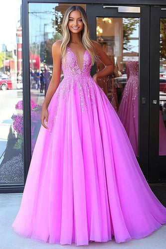 Fuchsia Korsett A Linie V-Ausschnitt Langes Ballkleid