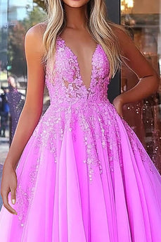 Fuchsia Korsett A Linie V-Ausschnitt Langes Ballkleid