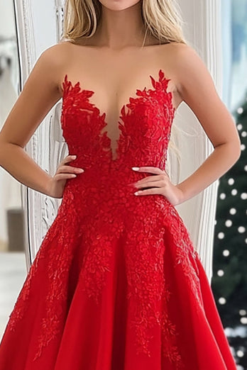 Rote Trägerloses Satin A Linie Langes Ballkleid mit Spitze