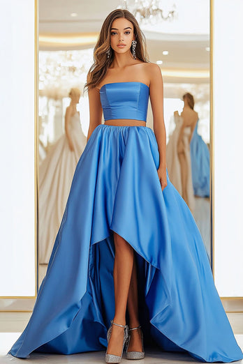 Getrennt Blau Hoch-Tief Satin Langes Ballkleid