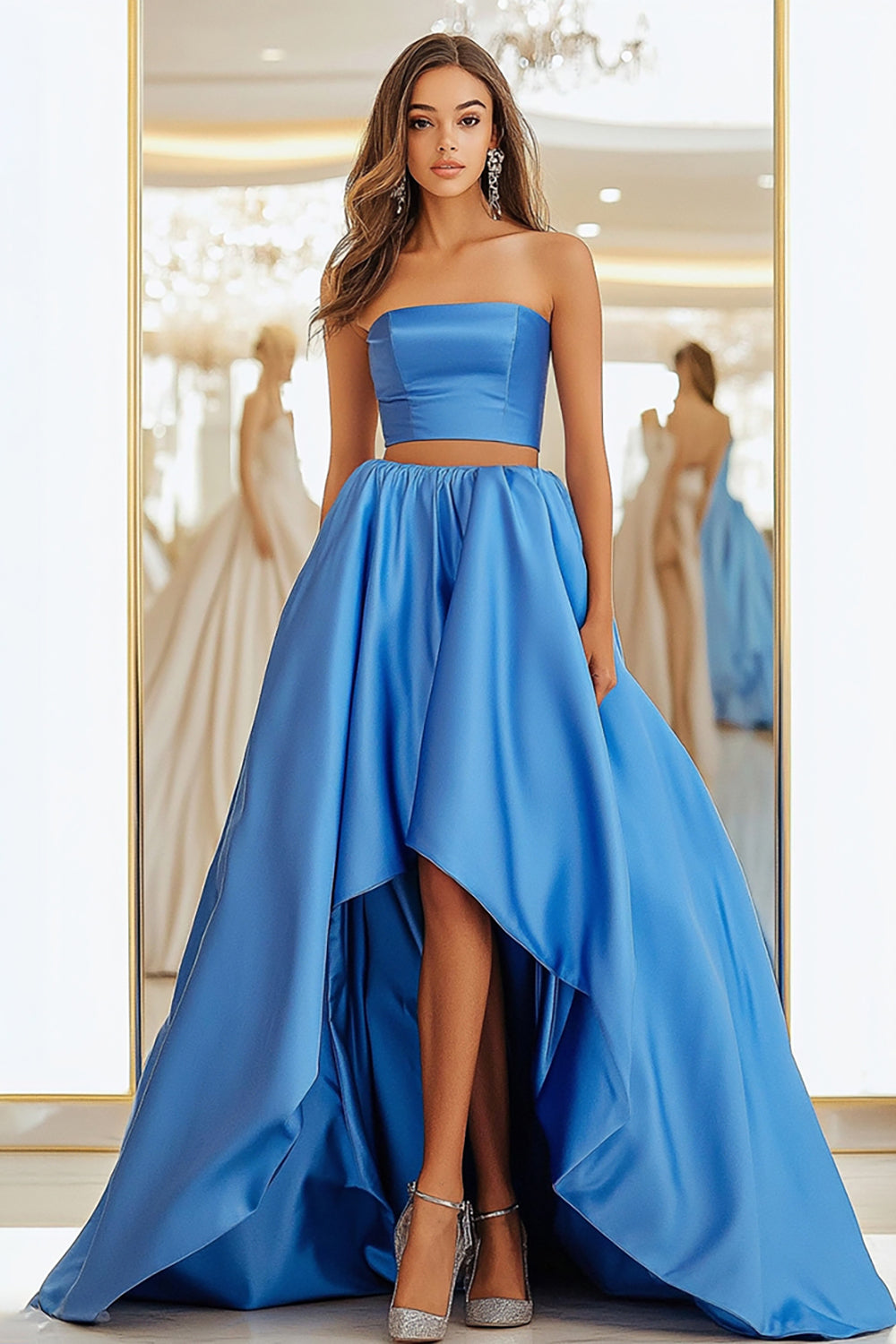 Getrennt Blau Hoch-Tief Satin Langes Ballkleid