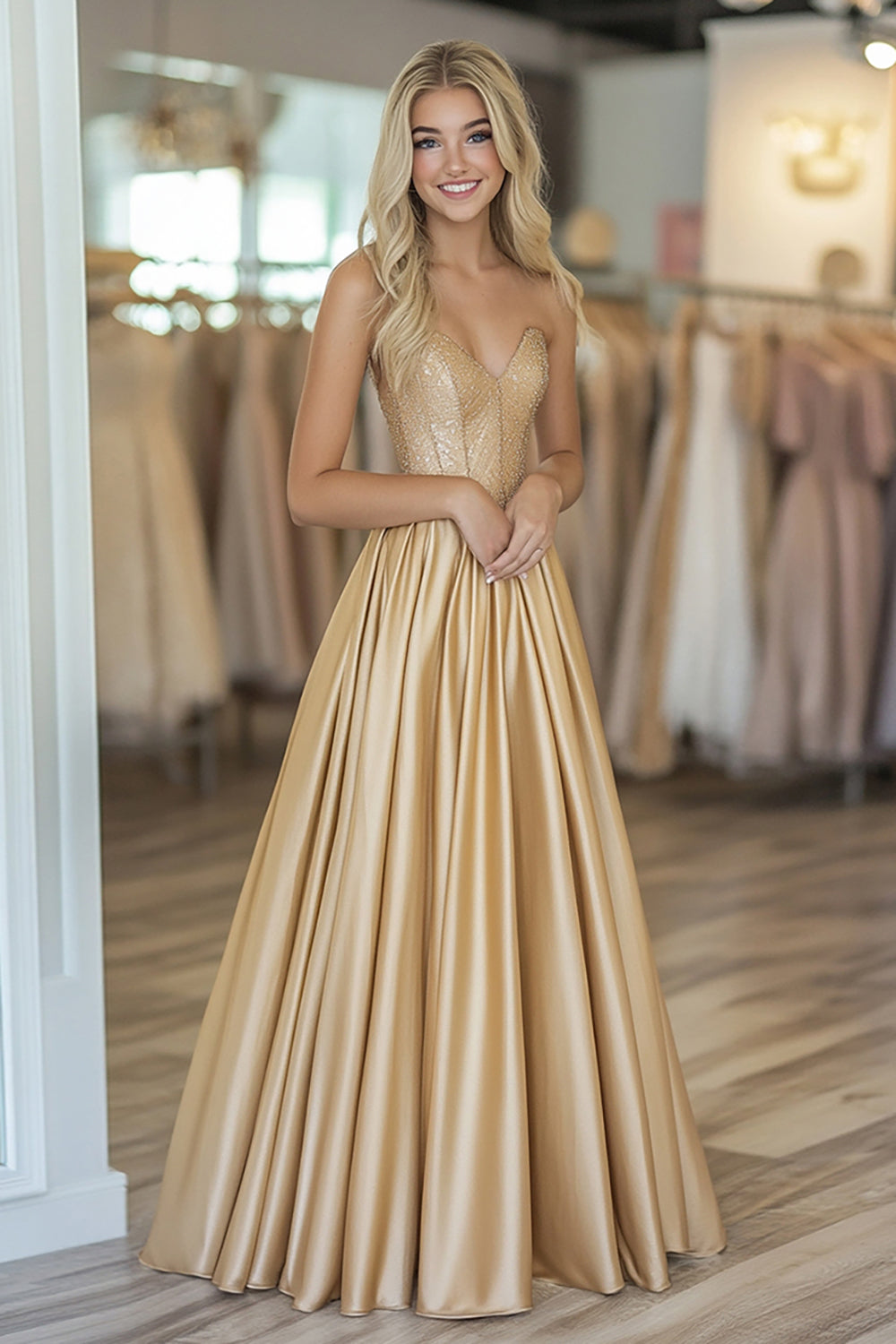 Gold Herzhals Satin A Linie Langes Ballkleid mit Perlenverzierung