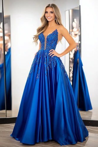 Königsblau A Linie Satin Ballkleid mit Spitze Applikationen