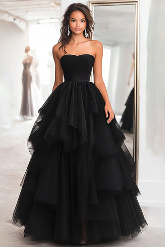 Schwarze Tüll Gestaffelt Trägerloses Bodenlanges Ballkleid