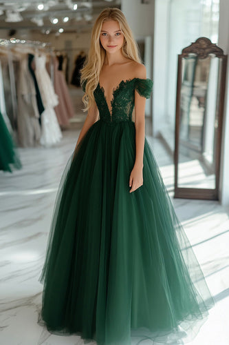 Dunkelgrünes Schulterfreies Korsett Langes Ballkleid mit Spitze