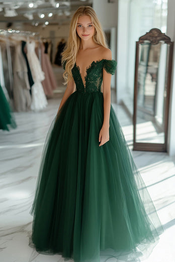Dunkelgrünes Schulterfreies Korsett Langes Ballkleid mit Spitze