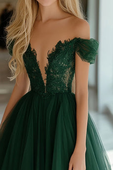 Dunkelgrünes Schulterfreies Korsett Langes Ballkleid mit Spitze